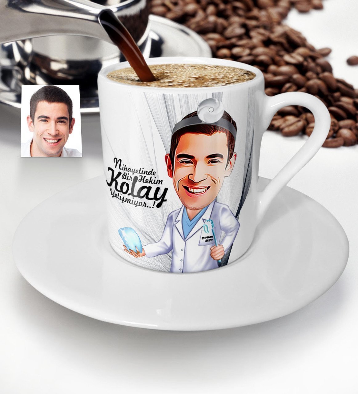 Kişiye Özel Bay Diş Hekimi Karikatür Türk Kahvesi Fincanı - 3