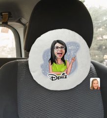 Kişiye Özel İsimli Kadın Karikatürlü Yuvarlak Araç Koltuk Yastığı-19