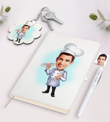 Kişiye Özel Erkek Chef Karikatürlü Beyaz Defter Kalem ve Anahtarlık Hediye Seti-4