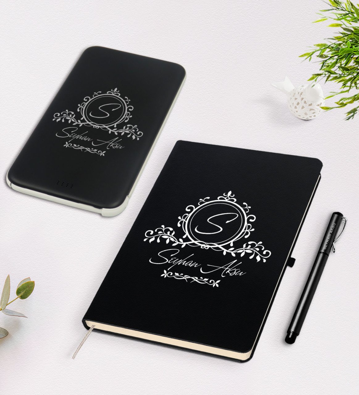 Kişiye Özel İsimli Siyah Defter Kalem 5.000 Mah Powerbank Hediye Seti-11