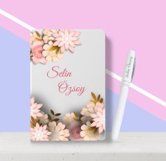 Kişiye Özel Çiçek Desenli Beyaz Defter Kalem Seti-6