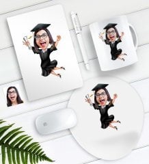 Kişiye Özel Bayan Mezun Karikatürlü Defter Kalem Kupa Mouse Pad Seti