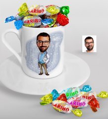 Kişiye Özel Bay Doktor Karikatürlü Türk Kahvesi Fincanı ve Haribo Şeker Hediye Seti-8