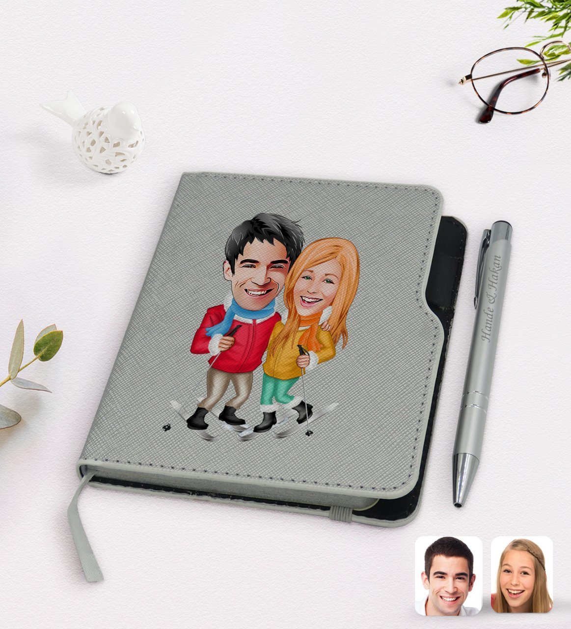 Kişiye Özel Sevgililer Karikatürlü Gri Termo Deri Defter Kalem Seti-107