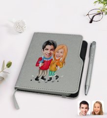 Kişiye Özel Sevgililer Karikatürlü Gri Termo Deri Defter Kalem Seti-107