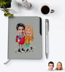 Kişiye Özel Sevgililer Karikatürlü Gri Termo Deri Defter Kalem Seti-107