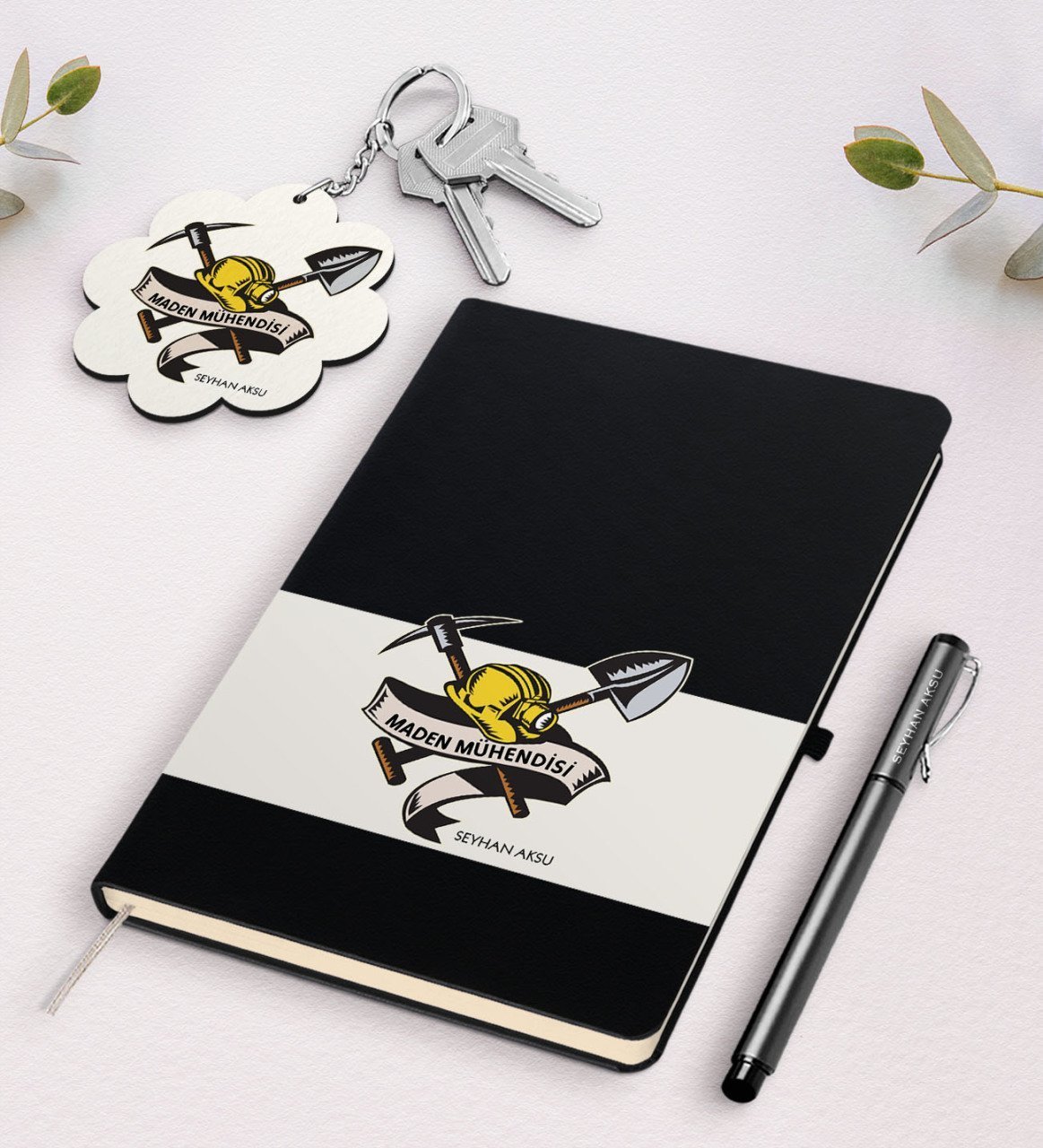 Kişiye Özel Maden Mühendisi Siyah Defter Kalem Ve Anahtarlık Hediye Seti