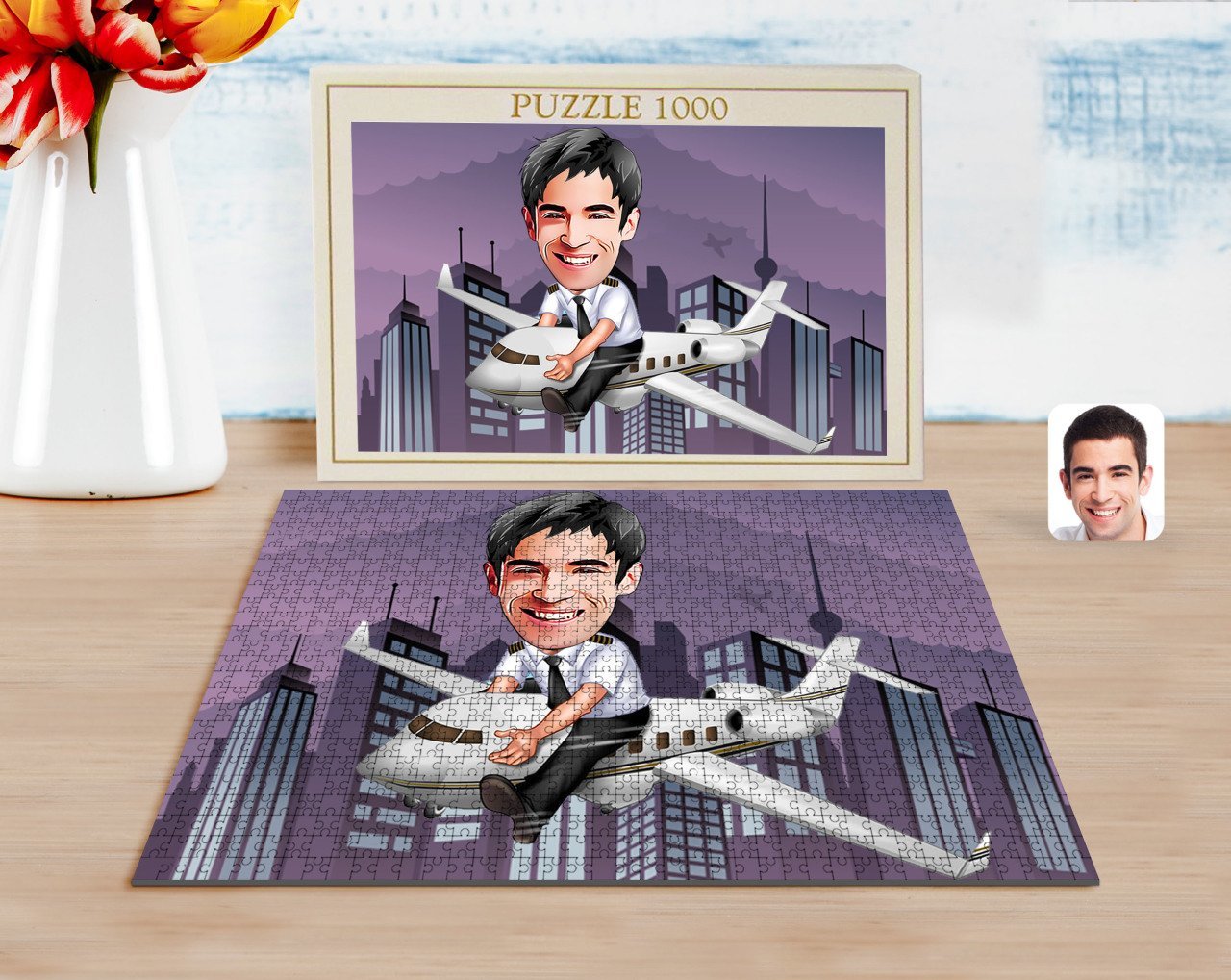 Kişiye Özel Erkek Kaptan Pilot Karikatürlü 1000 Parça Profesyonel Puzzle-1