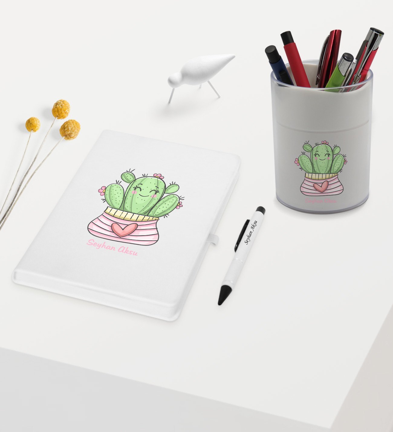BK Gift Kişiye Özel Kaktüs Tasarımlı Beyaz Defter Kalem ve Kalemlik Hediye Seti - Model 2