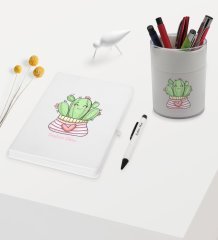 BK Gift Kişiye Özel Kaktüs Tasarımlı Beyaz Defter Kalem ve Kalemlik Hediye Seti - Model 2