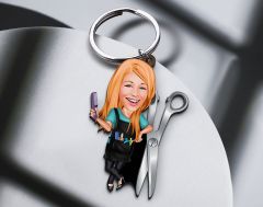BK Gift Kişiye Özel Kuaför Karikatürlü Ahşap Anahtarlık-1 Sevgiliye Hediye, Arkadaşa Hediye, Doğum Günü Hediyesi