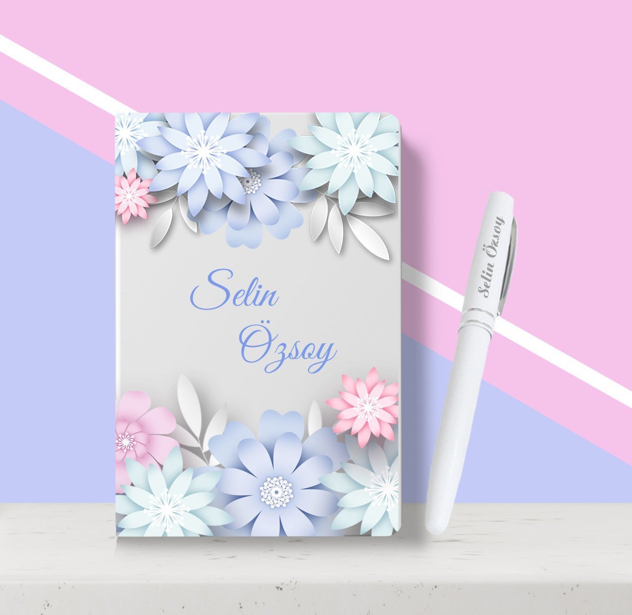 Kişiye Özel Çiçek Desenli Beyaz Defter Kalem Seti-5