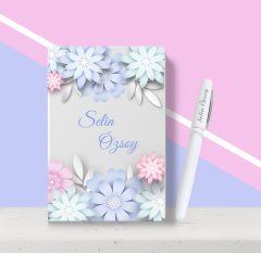Kişiye Özel Çiçek Desenli Beyaz Defter Kalem Seti-5