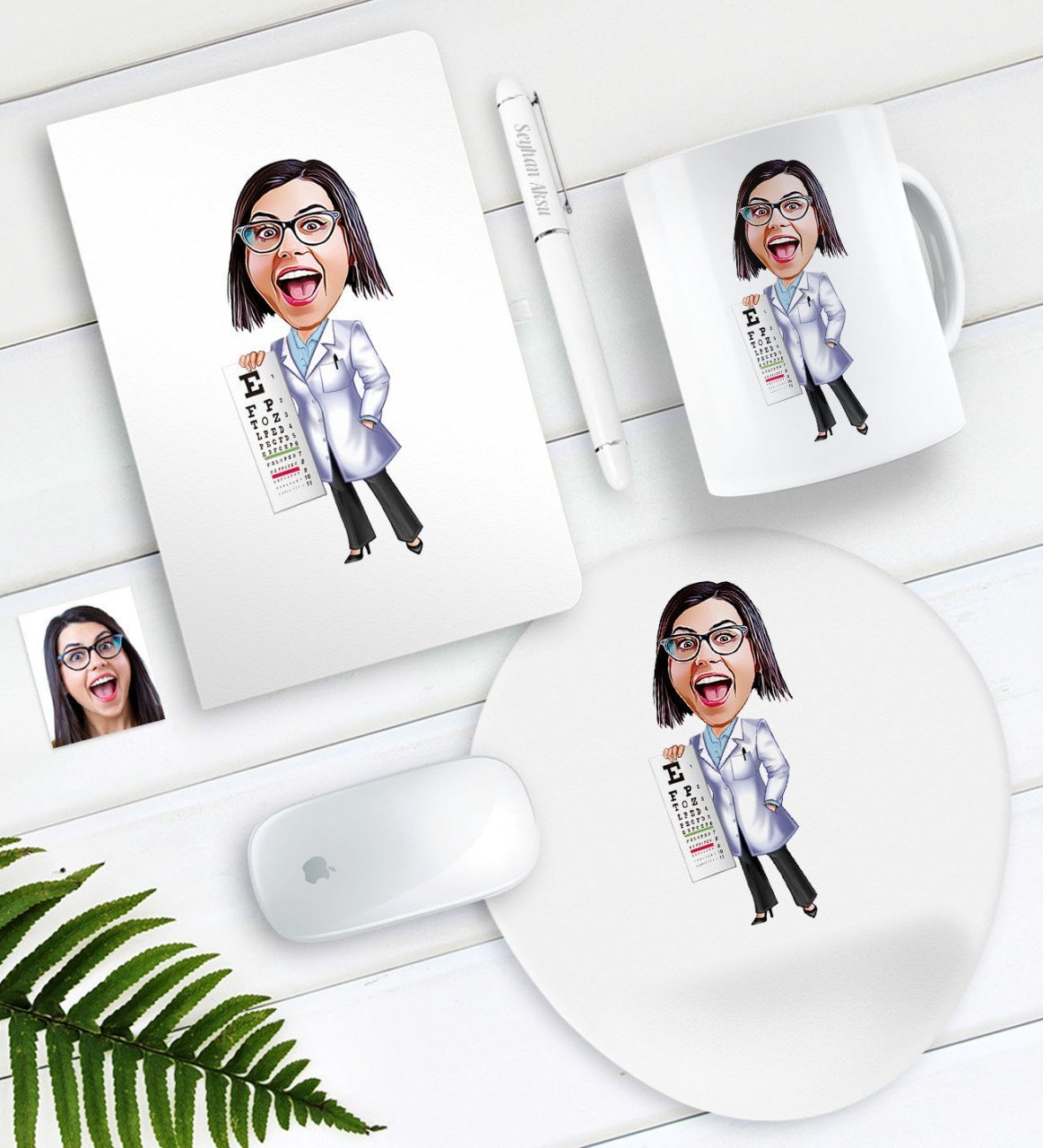 Kişiye Özel Bayan Göz Doktoru Karikatürlü Defter Kalem Kupa Mouse Pad Seti