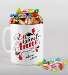 Kişiye Özel En Güzel Anne Tasarımlı Beyaz Kupa ve Haribo Şeker Hediye Seti-1