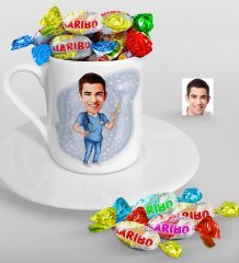 Kişiye Özel Bay Doktor Karikatürlü Türk Kahvesi Fincanı ve Haribo Şeker Hediye Seti-3