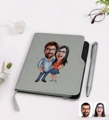 Kişiye Özel Sevgililer Karikatürlü Gri Termo Deri Defter Kalem Seti-105