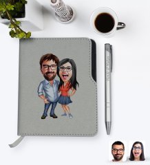 Kişiye Özel Sevgililer Karikatürlü Gri Termo Deri Defter Kalem Seti-105