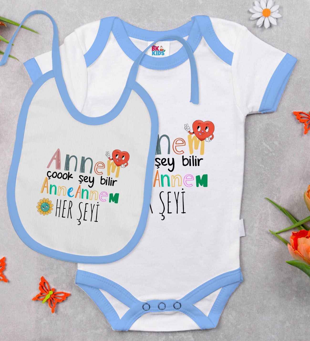BK Kids Annem Çok Şey Bilir Tasarımlı Mavi Bebek Body Zıbın ve Mama Önlüğü Hediye Seti-1
