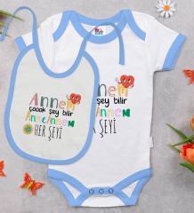 BK Kids Annem Çok Şey Bilir Tasarımlı Mavi Bebek Body Zıbın ve Mama Önlüğü Hediye Seti-1