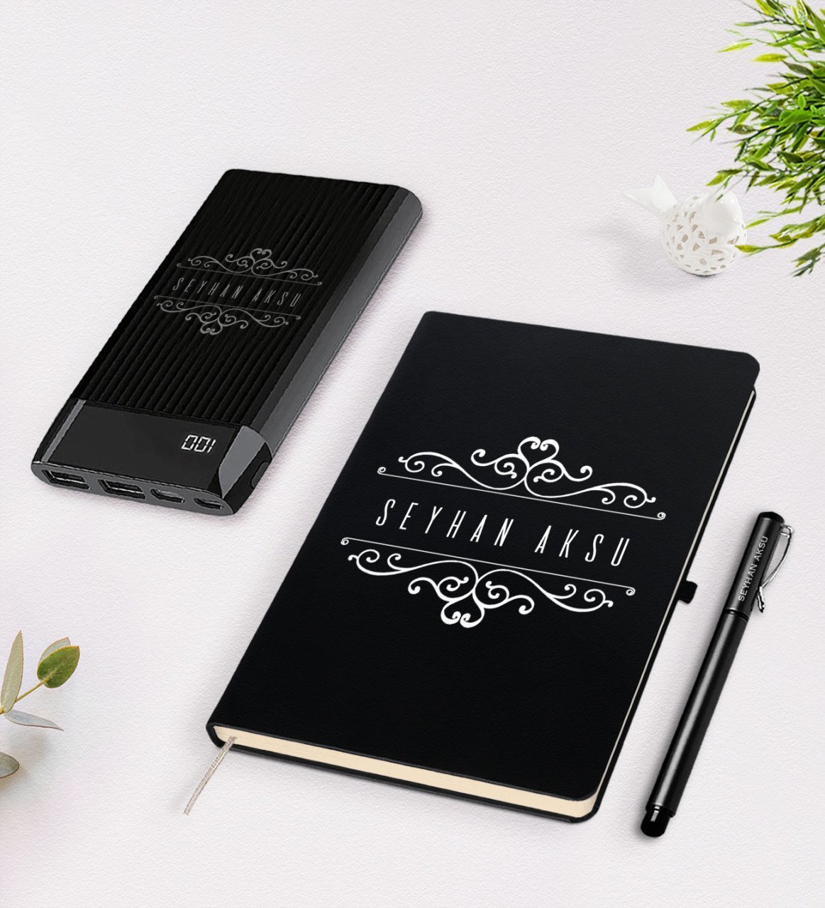 Kişiye Özel İsimli Siyah Defter Kalem 5.000 Mah Powerbank Hediye Seti-9