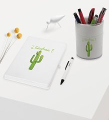 BK Gift Kişiye Özel Kaktüs Tasarımlı Beyaz Defter Kalem ve Kalemlik Hediye Seti - Model 1