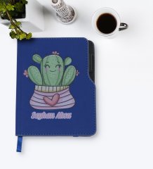 Kişiye Özel Kaktüs Tasarımlı Lacivert Termo Deri Defter-2