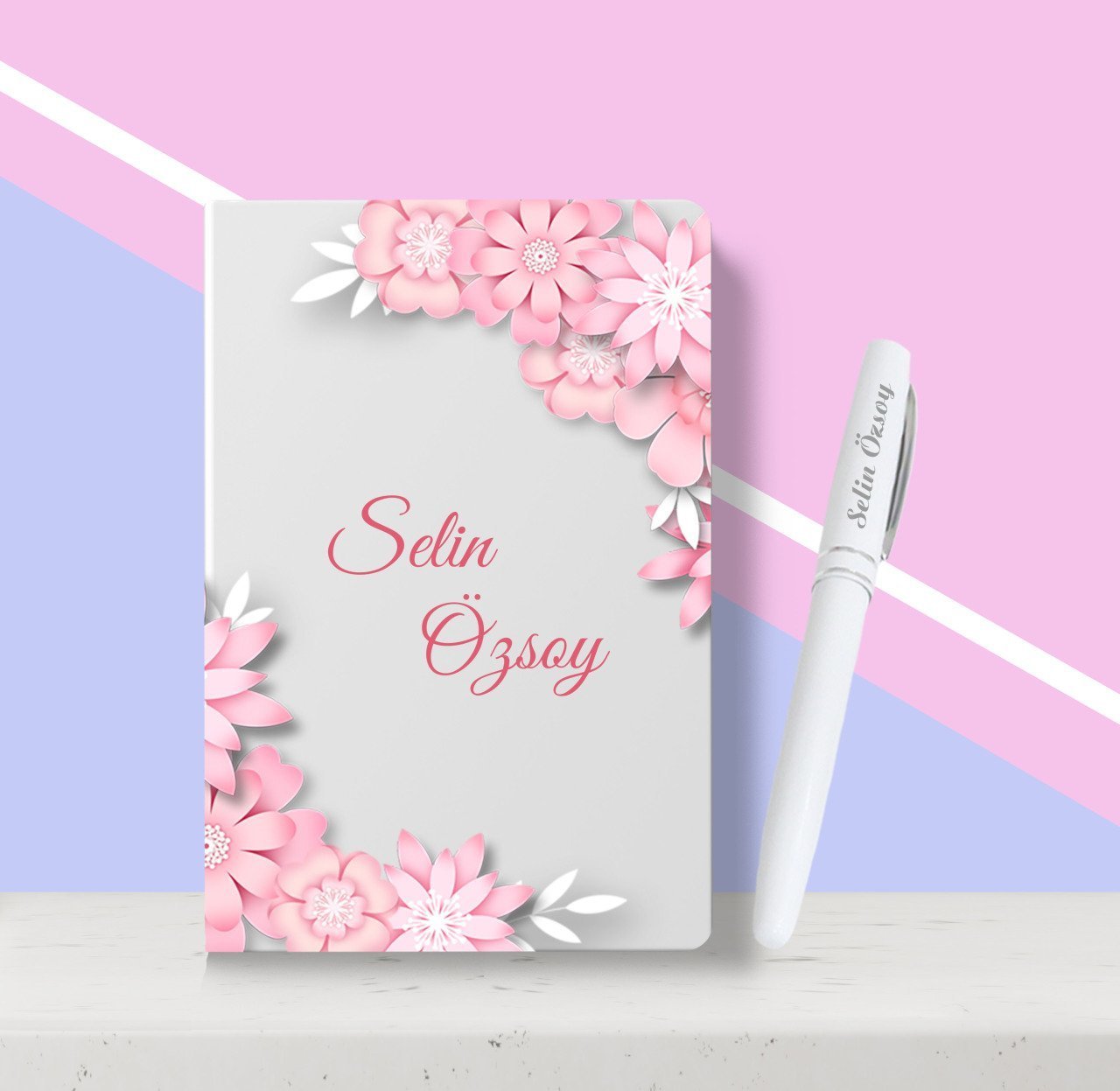 Kişiye Özel Çiçek Desenli Beyaz Defter Kalem Seti-4