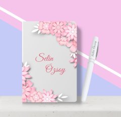 Kişiye Özel Çiçek Desenli Beyaz Defter Kalem Seti-4