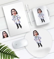Kişiye Özel Bayan Doktor Karikatürlü Defter Kalem Kupa Mouse Pad Seti