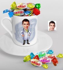 Kişiye Özel Bay Doktor Karikatürlü Türk Kahvesi Fincanı ve Haribo Şeker Hediye Seti-1