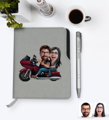 Kişiye Özel Sevgililer Karikatürlü Gri Termo Deri Defter Kalem Seti-103