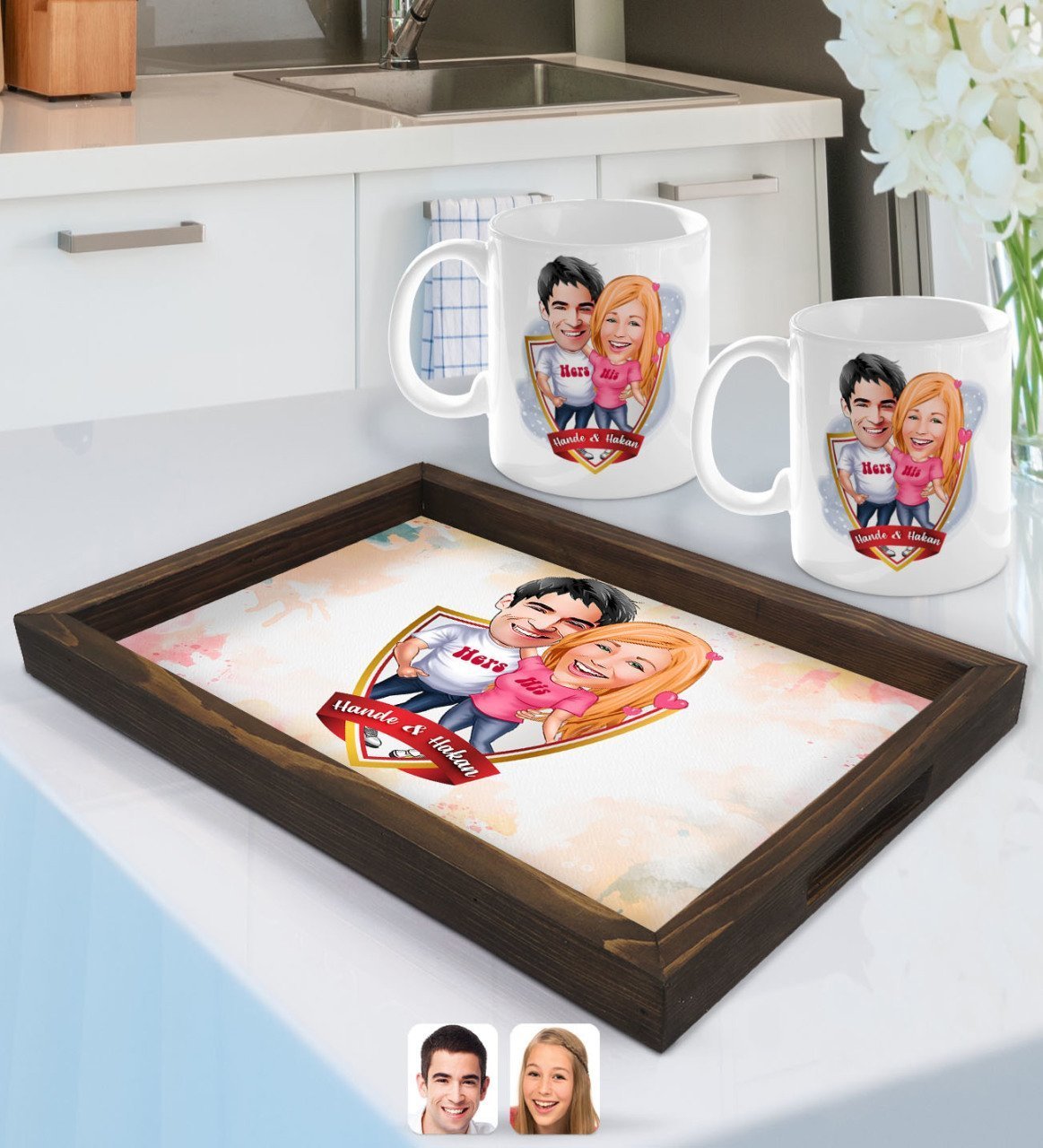 Kişiye Özel İsimli Sevgililer Karikatürlü Doğal Ahşap Tepsi ve 2’li Kupa Bardak Seti-5