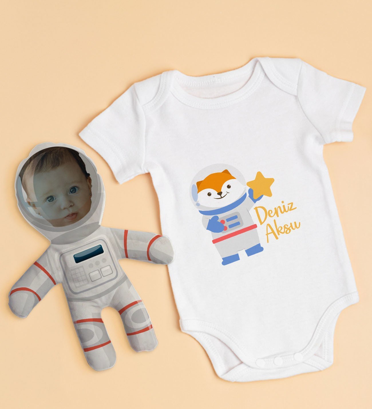 BK Kids Kişiye Özel Fotoğraflı Bebek Yastık ve Bebek Body Zıbın Hediye Seti - Model 45