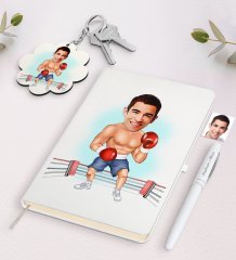 Kişiye Özel Erkek Boksör Karikatürlü Beyaz Defter Kalem ve Anahtarlık Hediye Seti
