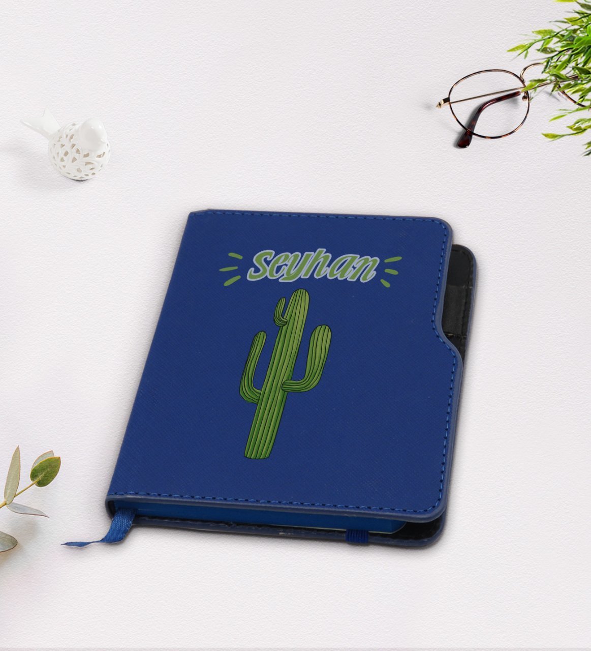 Kişiye Özel Kaktüs Tasarımlı Lacivert Termo Deri Defter-1