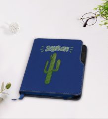 Kişiye Özel Kaktüs Tasarımlı Lacivert Termo Deri Defter-1
