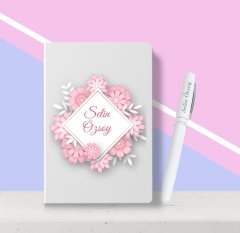 Kişiye Özel Çiçek Desenli Beyaz Defter Kalem Seti-3