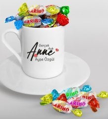 Kişiye Özel Gerçek Aşk Anne Tasarımlı Türk Kahvesi Fincanı ve Haribo Şeker Hediye Seti-1
