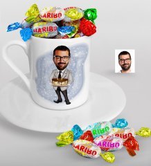Kişiye Özel Bay Doğum Günü Karikatürlü Türk Kahvesi Fincanı ve Haribo Şeker Hediye Seti-4