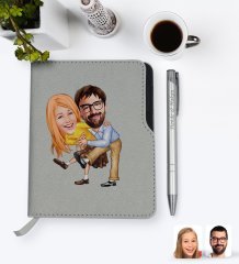 Kişiye Özel Sevgililer Karikatürlü Gri Termo Deri Defter Kalem Seti-102