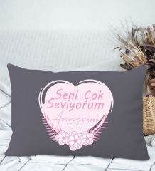 BK Gift Anneler Günü Tasarımlı Premium Kumaş Antrasit Dikdörtgen Kırlent Yastık, Anneler Günü Hediyesi, Ev Dekorasyonu-1