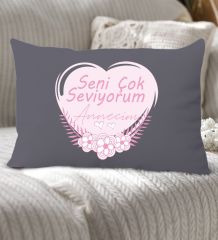 BK Gift Anneler Günü Tasarımlı Premium Kumaş Antrasit Dikdörtgen Kırlent Yastık, Anneler Günü Hediyesi, Ev Dekorasyonu-1