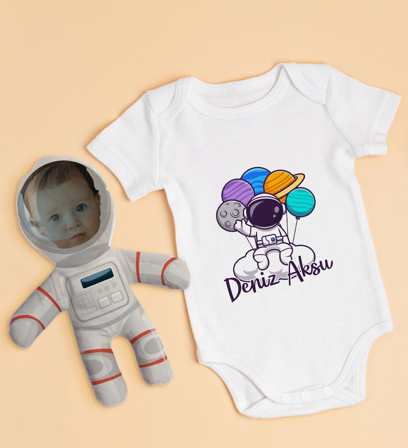 BK Kids Kişiye Özel Fotoğraflı Bebek Yastık ve Bebek Body Zıbın Hediye Seti - Model 44