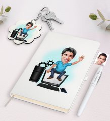 Kişiye Özel Erkek Bilgisayar Mühendisi Karikatürlü Beyaz Defter Kalem ve Anahtarlık Hediye Seti