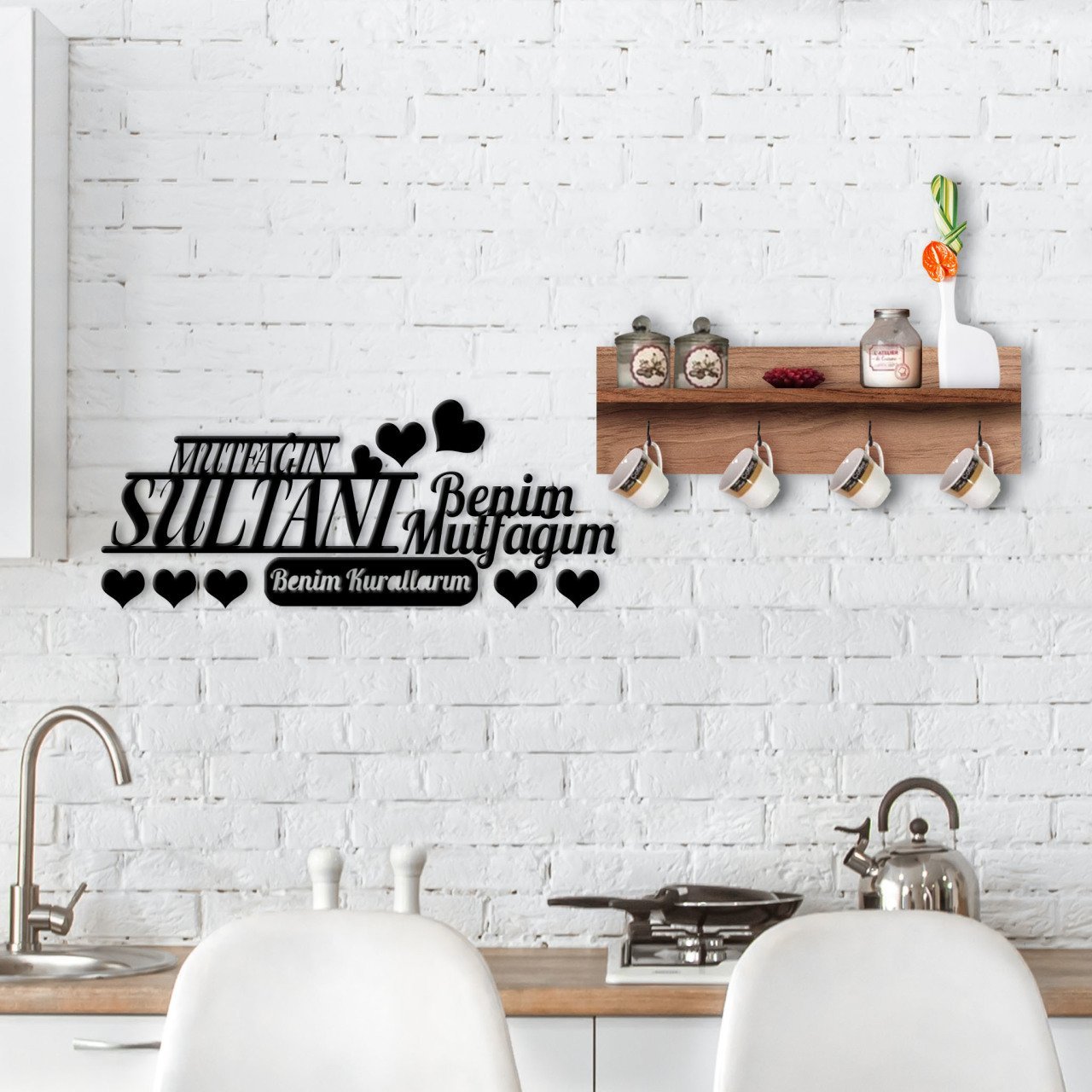 BK Home Doğal Ahşap Raflı Dekoratif Fincan Askılığı ve Mutfak Duvar Süsü-9