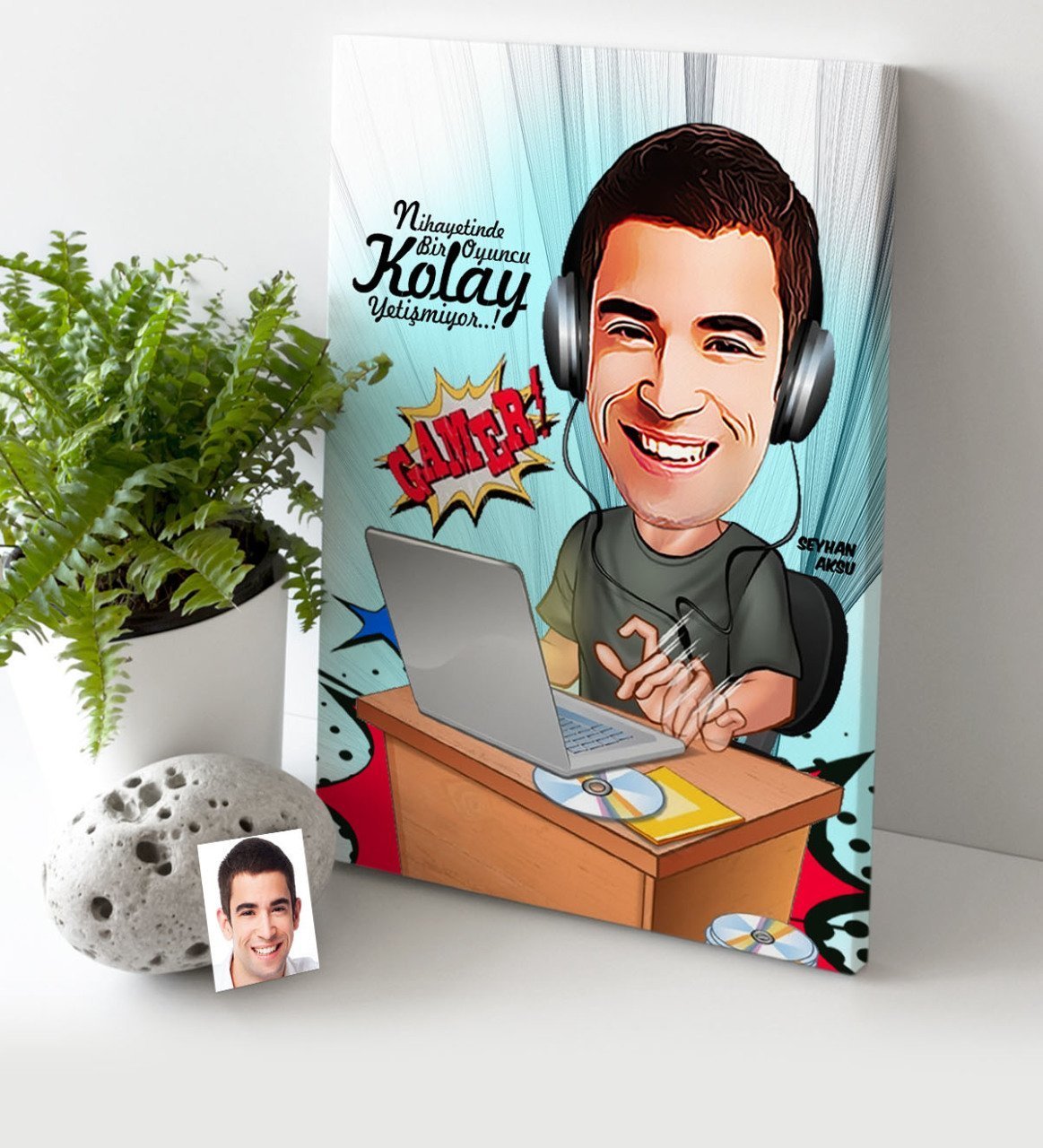 Kişiye Özel Bay Gamer Karikatür Kanvas Tablo (30 x 50 cm.) 1