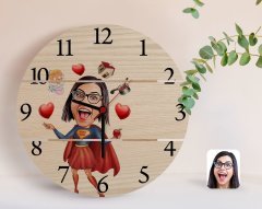 Kişiye Özel Süper Anne Karikatürlü Otantik Ahşap Palet Saat-1