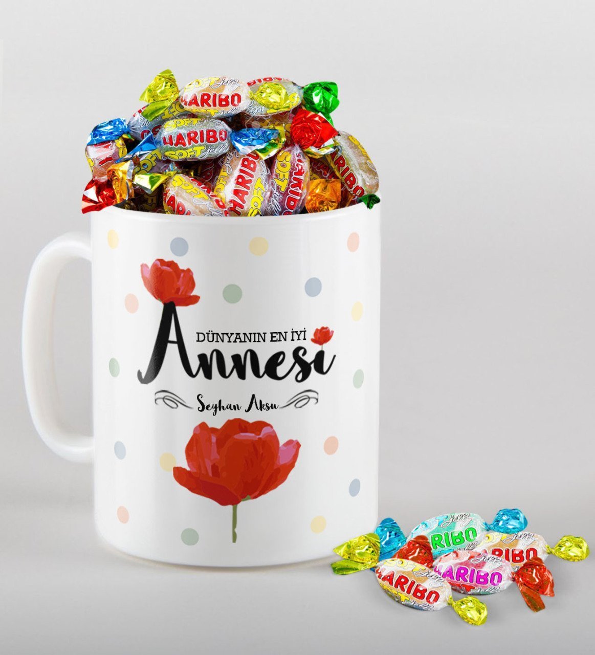 Kişiye Özel Dünyanın En İyi Annesi Tasarımlı Beyaz Kupa ve Haribo Şeker Hediye Seti-10