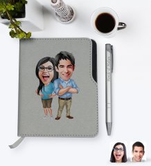 Kişiye Özel Sevgililer Karikatürlü Gri Termo Deri Defter Kalem Seti-101